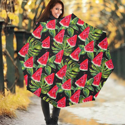 Black Palm Leaf Watermelon Pattern Print Foldable Umbrella