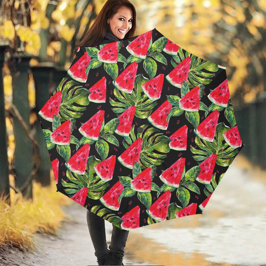 Black Palm Leaf Watermelon Pattern Print Foldable Umbrella