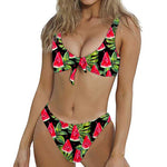 Black Palm Leaf Watermelon Pattern Print Front Bow Tie Bikini