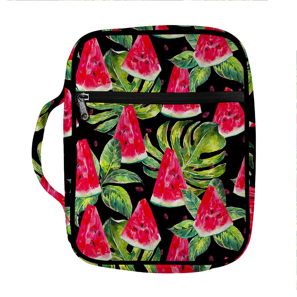 Black Palm Leaf Watermelon Pattern Print Front Pocket Bible Bag