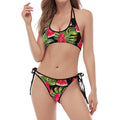 Black Palm Leaf Watermelon Pattern Print Halter Scoop Tie Side Bikini