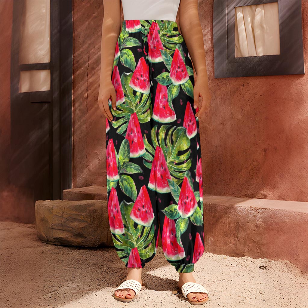 Black Palm Leaf Watermelon Pattern Print Harem Pants