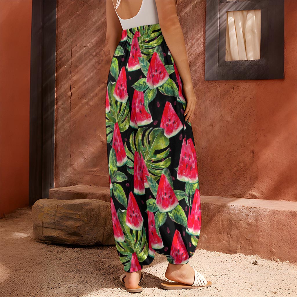 Black Palm Leaf Watermelon Pattern Print Harem Pants
