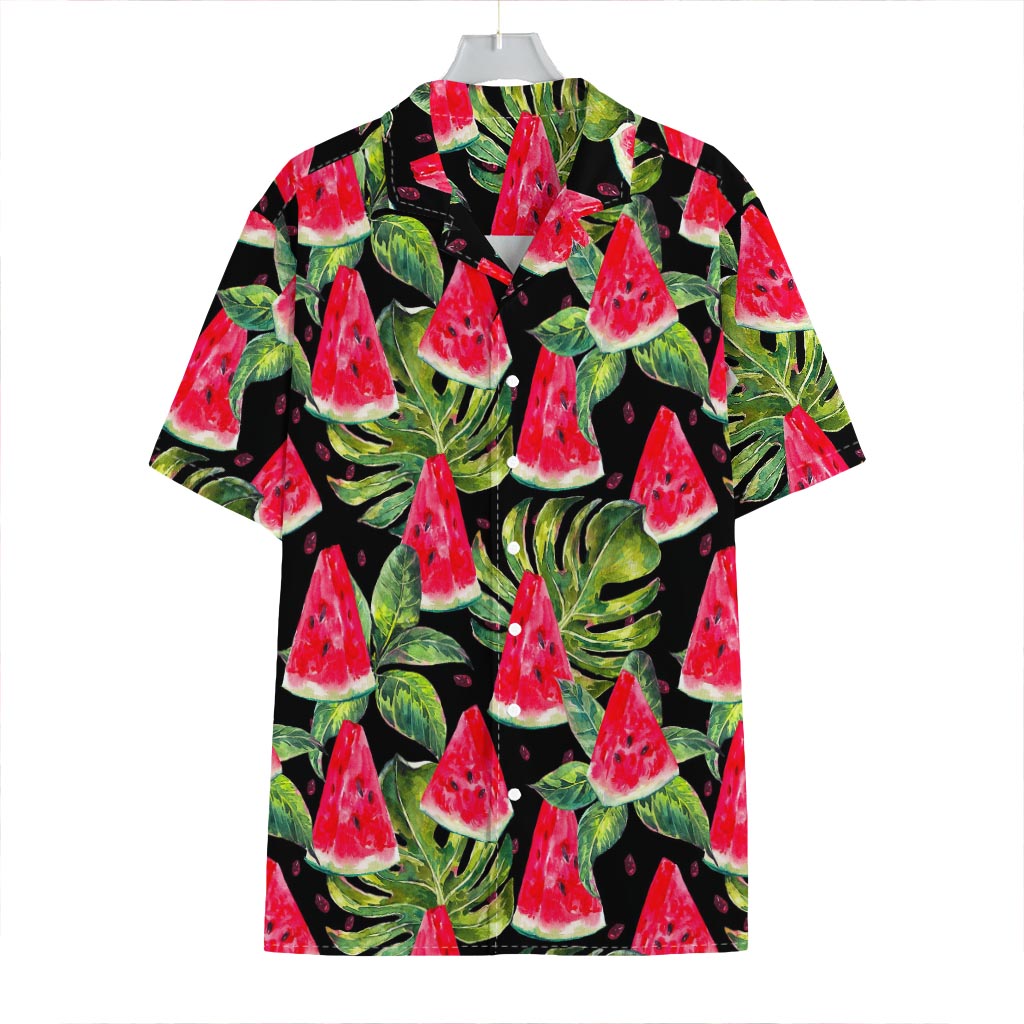 Black Palm Leaf Watermelon Pattern Print Hawaiian Shirt