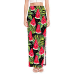 Black Palm Leaf Watermelon Pattern Print High Slit Maxi Skirt