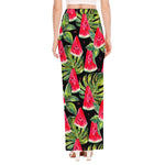 Black Palm Leaf Watermelon Pattern Print High Slit Maxi Skirt