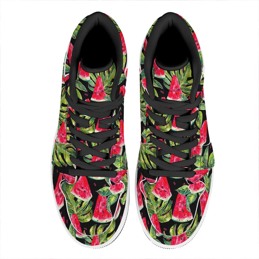 Black Palm Leaf Watermelon Pattern Print High Top Leather Sneakers