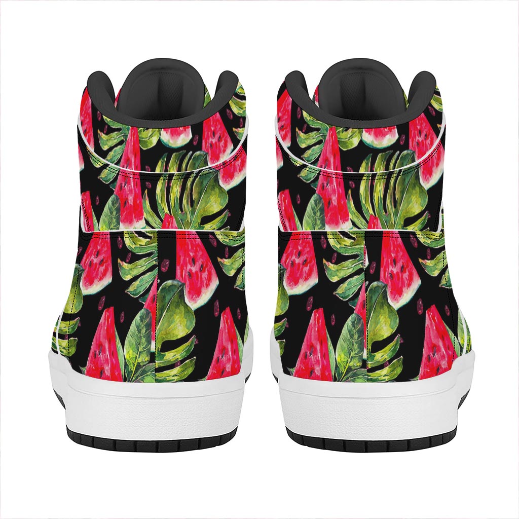 Black Palm Leaf Watermelon Pattern Print High Top Leather Sneakers