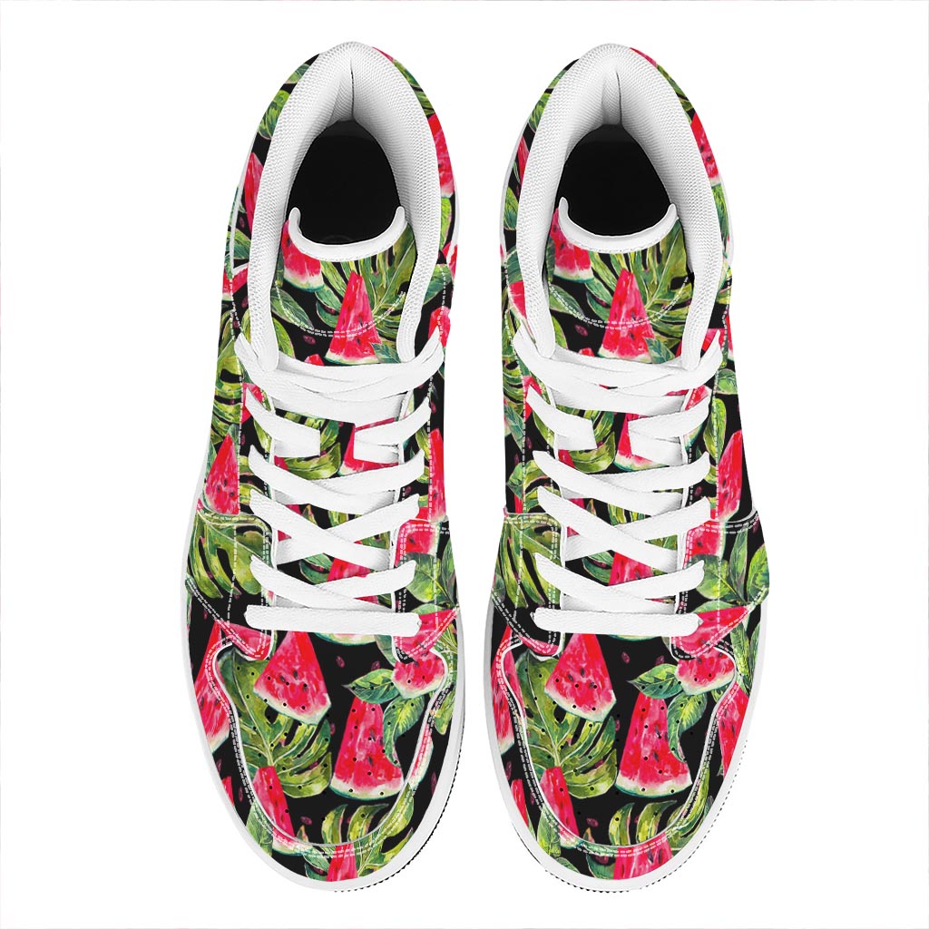 Black Palm Leaf Watermelon Pattern Print High Top Leather Sneakers
