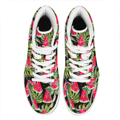 Black Palm Leaf Watermelon Pattern Print High Top Leather Sneakers