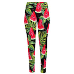 Black Palm Leaf Watermelon Pattern Print High-Waisted Pocket Leggings