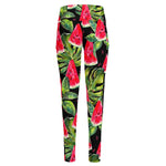 Black Palm Leaf Watermelon Pattern Print High-Waisted Pocket Leggings