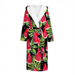 Black Palm Leaf Watermelon Pattern Print Hooded Bathrobe