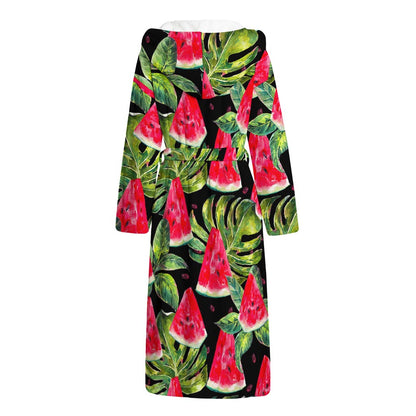 Black Palm Leaf Watermelon Pattern Print Hooded Bathrobe