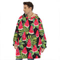 Black Palm Leaf Watermelon Pattern Print Hoodie Blanket