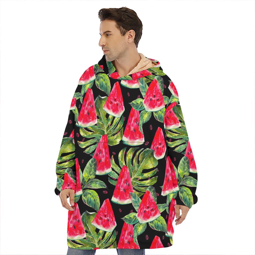Black Palm Leaf Watermelon Pattern Print Hoodie Blanket