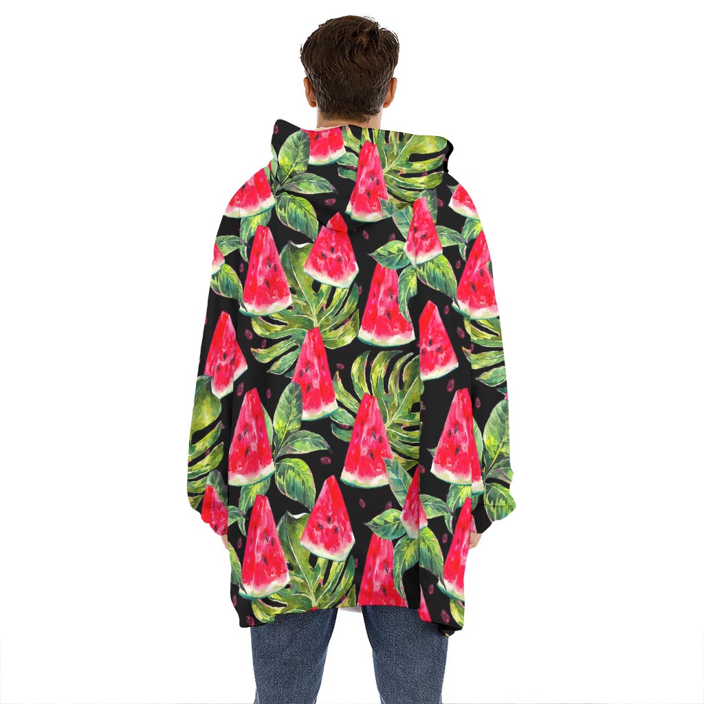 Black Palm Leaf Watermelon Pattern Print Hoodie Blanket