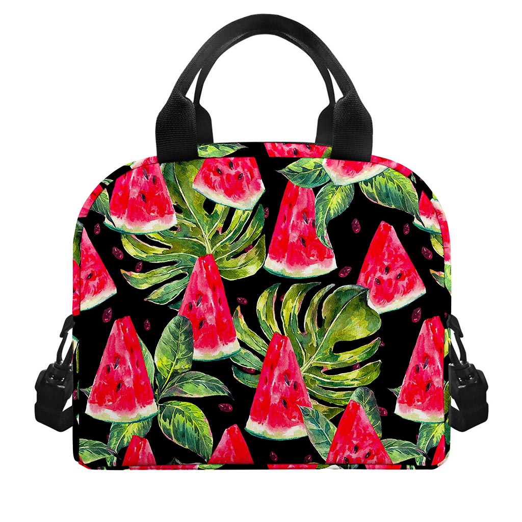 Black Palm Leaf Watermelon Pattern Print Insulated Lunch Bag