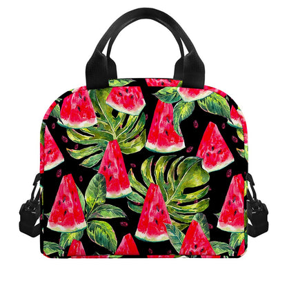 Black Palm Leaf Watermelon Pattern Print Insulated Lunch Bag