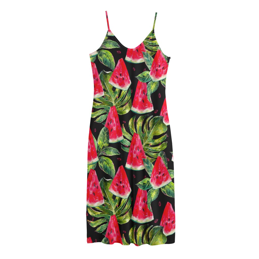 Black Palm Leaf Watermelon Pattern Print Jersey Midi Cami Dress