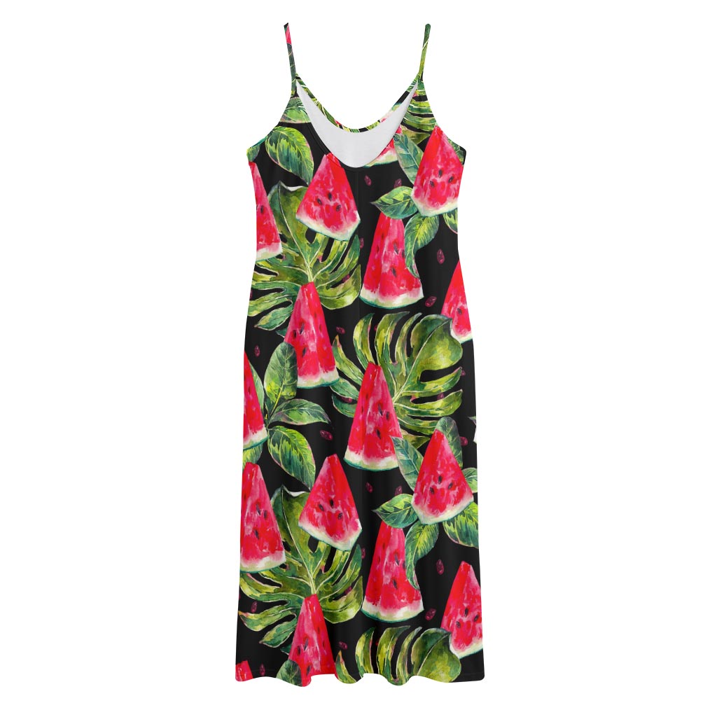 Black Palm Leaf Watermelon Pattern Print Jersey Midi Cami Dress