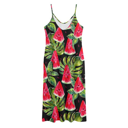 Black Palm Leaf Watermelon Pattern Print Jersey Midi Cami Dress