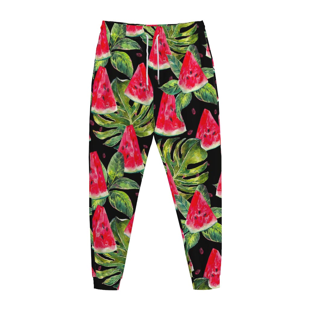 Black Palm Leaf Watermelon Pattern Print Jogger Pants