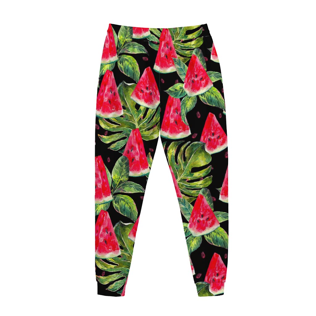 Black Palm Leaf Watermelon Pattern Print Jogger Pants