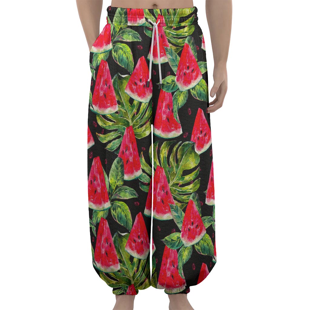 Black Palm Leaf Watermelon Pattern Print Lantern Pants