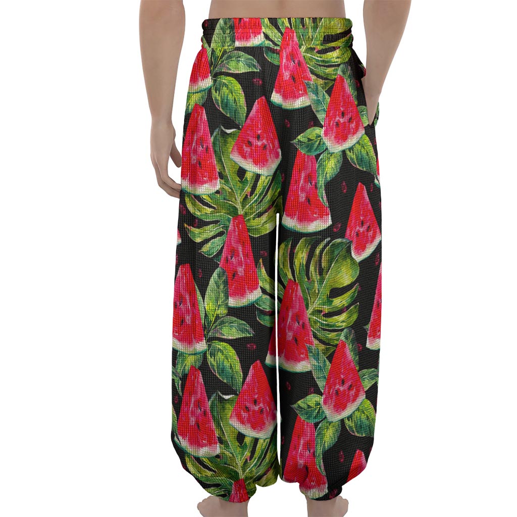 Black Palm Leaf Watermelon Pattern Print Lantern Pants