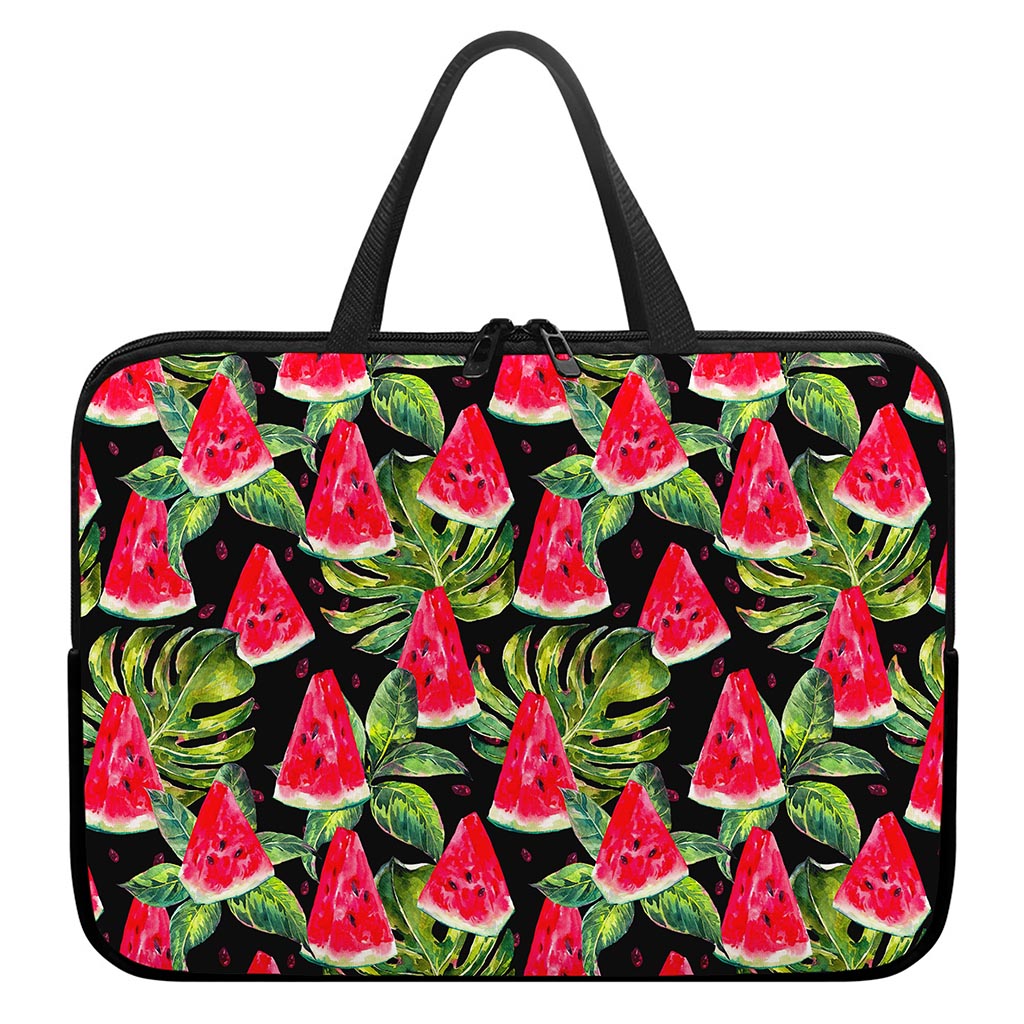 Black Palm Leaf Watermelon Pattern Print Laptop Sleeve With Handle