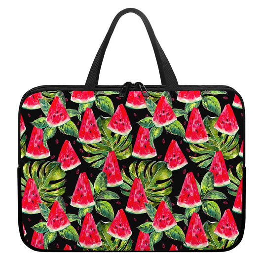 Black Palm Leaf Watermelon Pattern Print Laptop Sleeve With Handle