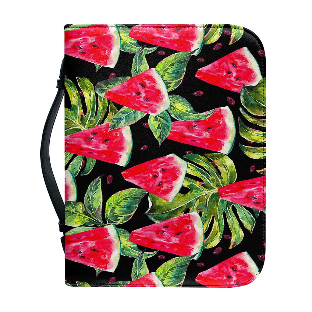 Black Palm Leaf Watermelon Pattern Print Leather Bible Cover