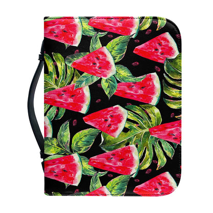 Black Palm Leaf Watermelon Pattern Print Leather Bible Cover