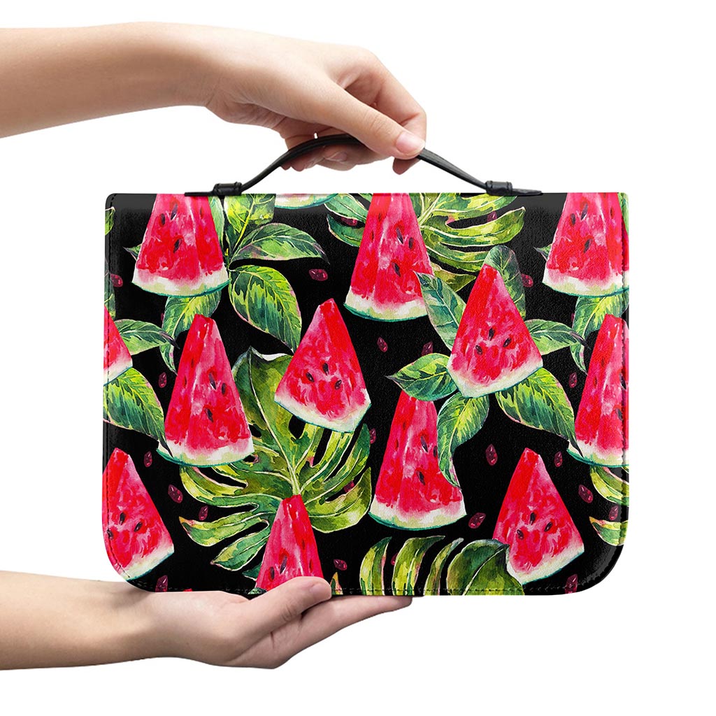 Black Palm Leaf Watermelon Pattern Print Leather Bible Cover