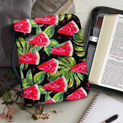 Black Palm Leaf Watermelon Pattern Print Leather Bible Cover