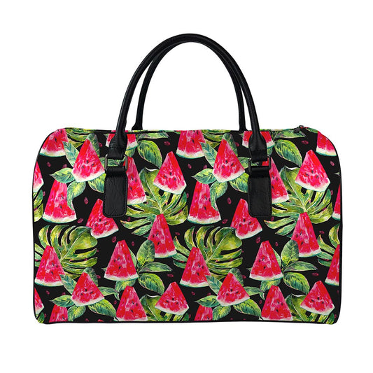 Black Palm Leaf Watermelon Pattern Print Leather Duffle Bag