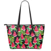 Black Palm Leaf Watermelon Pattern Print Leather Tote Bag