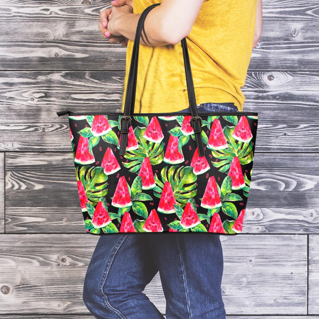 Black Palm Leaf Watermelon Pattern Print Leather Tote Bag