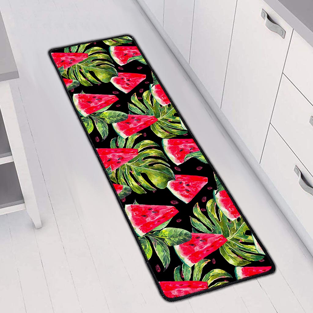 Black Palm Leaf Watermelon Pattern Print Long Kitchen Mat