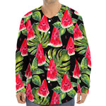 Black Palm Leaf Watermelon Pattern Print Long Sleeve Baseball Jersey
