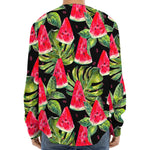 Black Palm Leaf Watermelon Pattern Print Long Sleeve Baseball Jersey