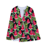 Black Palm Leaf Watermelon Pattern Print Long Sleeve Short Coat