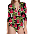 Black Palm Leaf Watermelon Pattern Print Long Sleeve Swimsuit