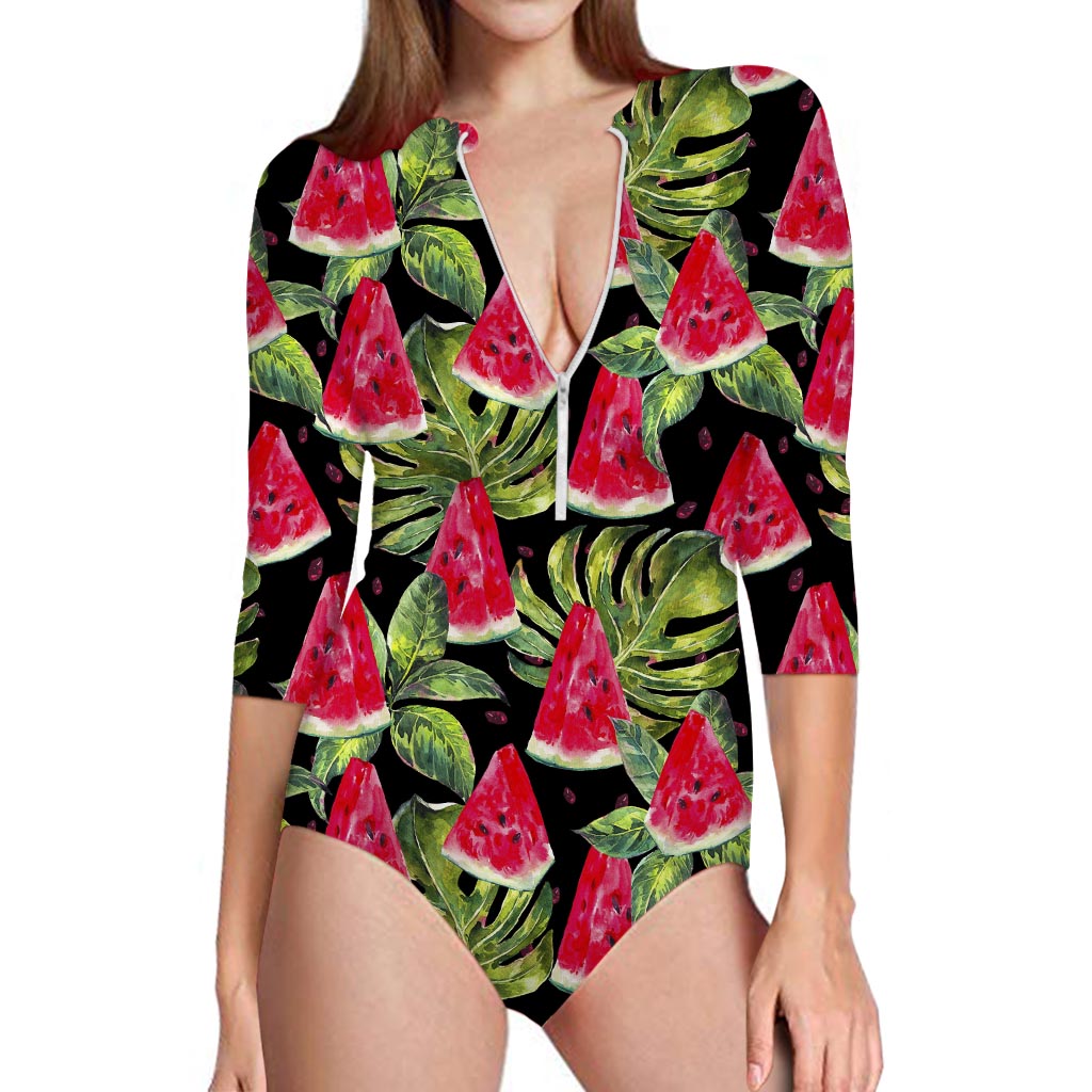 Black Palm Leaf Watermelon Pattern Print Long Sleeve Swimsuit