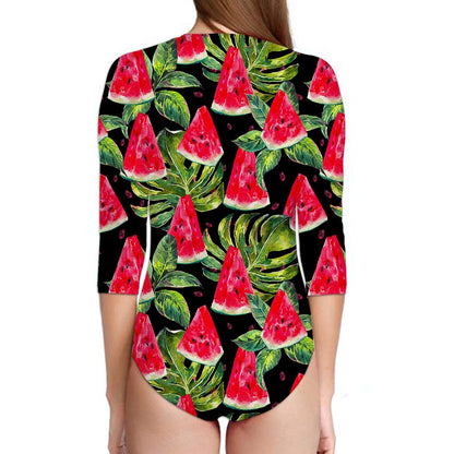 Black Palm Leaf Watermelon Pattern Print Long Sleeve Swimsuit