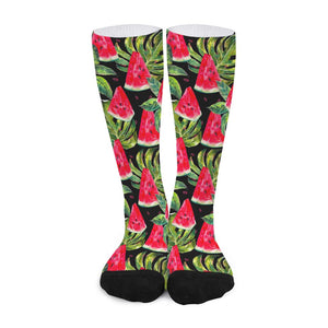 Black Palm Leaf Watermelon Pattern Print Long Socks