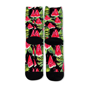 Black Palm Leaf Watermelon Pattern Print Long Socks