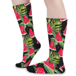 Black Palm Leaf Watermelon Pattern Print Long Socks