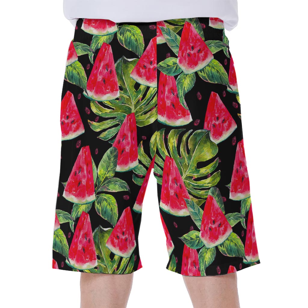 Black Palm Leaf Watermelon Pattern Print Men's Beach Shorts